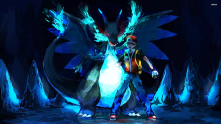High-definition desktop wallpaper featuring Anime characters Red and Mega Charizard X (Pokémon), depicted in an intense, vibrant atmosphere.