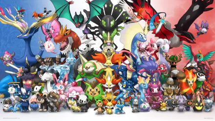 A vibrant HD desktop wallpaper featuring the Pokémon Xerneas, Yveltal, and Zygarde among many other Pokémon characters in an anime style.