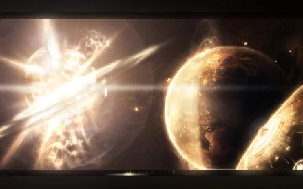 HD sci-fi desktop wallpaper depicting a dramatic explosion near a glowing planet in deep space, with intense light and cosmic energy effects.