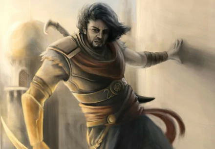 A warrior from the video game Prince Of Persia, poised and ready for action, set against a backdrop of ancient architecture. This HD wallpaper captures a dynamic moment in the artwork.
