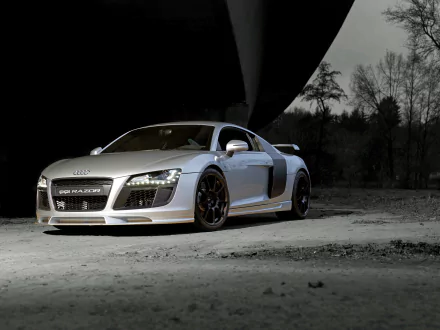 Silver Audi R8 Razor supercar parked under a bridge at dusk, showcased as a high-definition PC desktop wallpaper and background.
