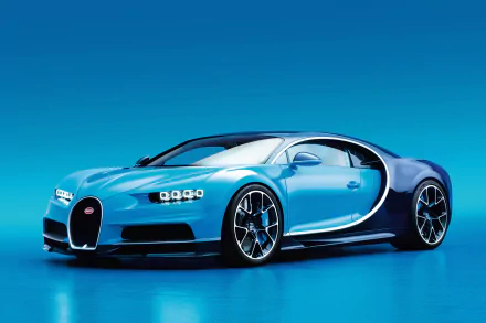 HD desktop wallpaper of a cyan Bugatti Chiron supercar against a matching blue background, showcasing its sleek design and powerful presence.