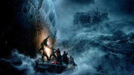 Dramatic ocean storm scene from the movie The Finest Hours, showing a small rescue boat battling towering waves near a large ship amidst turbulent waters.