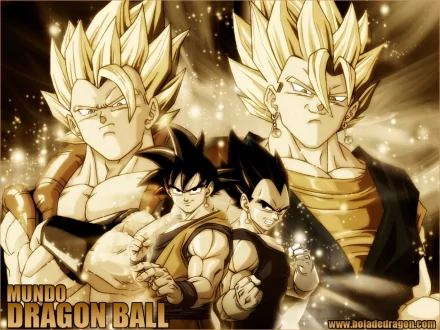 HD desktop wallpaper featuring Gogeta, Vegetto, Vegeta, and Goku from Dragon Ball Z, displaying powerful poses with an intense, glowing background.