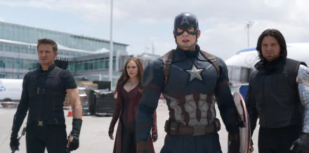 HD desktop wallpaper featuring Hawkeye (Jeremy Renner), Scarlet Witch (Elizabeth Olsen), Captain America (Chris Evans), and Winter Soldier (Sebastian Stan) from the movie Captain America: Civil War.