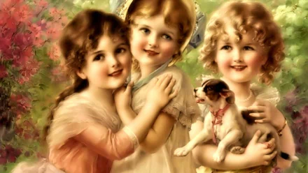 Vintage-style HD desktop wallpaper depicting three smiling little girls, one holding a small dog, surrounded by soft, painterly floral backgrounds.