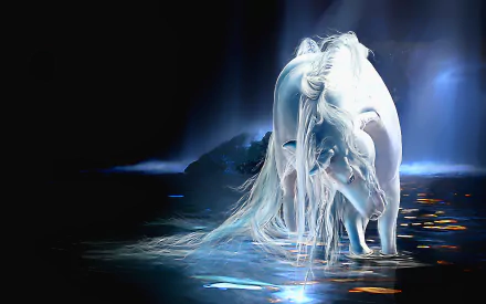A close-up of a magnificent unicorn gracefully standing in shimmering water, surrounded by a fantasy atmosphere with soft light illuminating its flowing mane. An enchanting HD wallpaper.