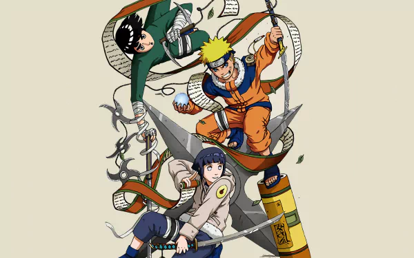 HD wallpaper featuring Hinata Hyuga, Naruto Uzumaki, and Rock Lee, captured in dynamic poses with vibrant colors, showcasing the essence of the Naruto anime series.