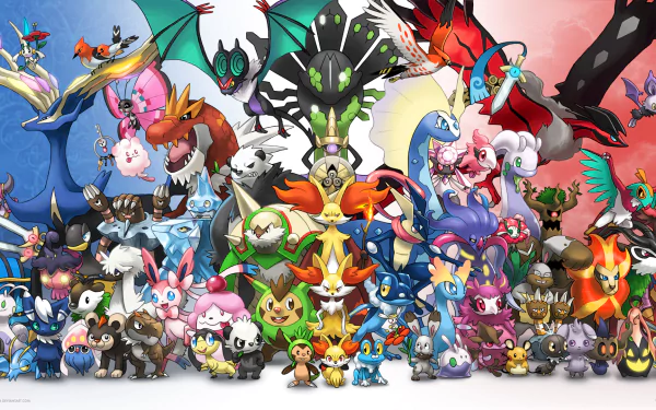 A vibrant HD desktop wallpaper featuring the Pokémon Xerneas, Yveltal, and Zygarde among many other Pokémon characters in an anime style.