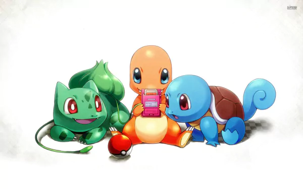 A vibrant HD wallpaper featuring beloved Pokémon Bulbasaur, Charmander, and Squirtle in a playful scene, embodying their anime charm and friendship.