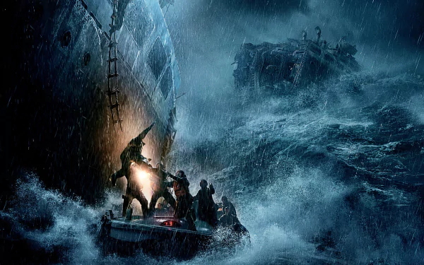 Dramatic ocean storm scene from the movie The Finest Hours, showing a small rescue boat battling towering waves near a large ship amidst turbulent waters.
