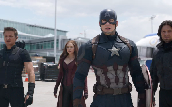 HD desktop wallpaper featuring Hawkeye (Jeremy Renner), Scarlet Witch (Elizabeth Olsen), Captain America (Chris Evans), and Winter Soldier (Sebastian Stan) from the movie Captain America: Civil War.
