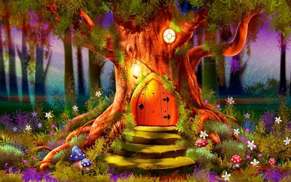 Fantasy Wald Baum Blume Haus Farben Colorful HD Wallpaper | Hintergrund