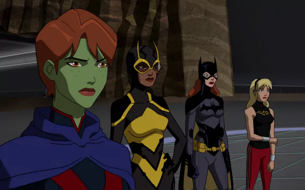 A vibrant HD wallpaper featuring characters from *Young Justice*: M'gann M'orzz, Batgirl, Bumblebee, and Barbara Gordon poised together in a striking animated scene.