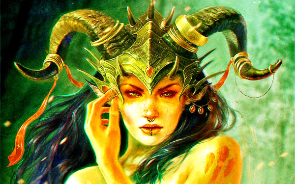 A fierce fantasy character with piercing gold horns adorns her helmet. Her striking features and bold piercings create an alluring, demonic presence in this HD wallpaper.