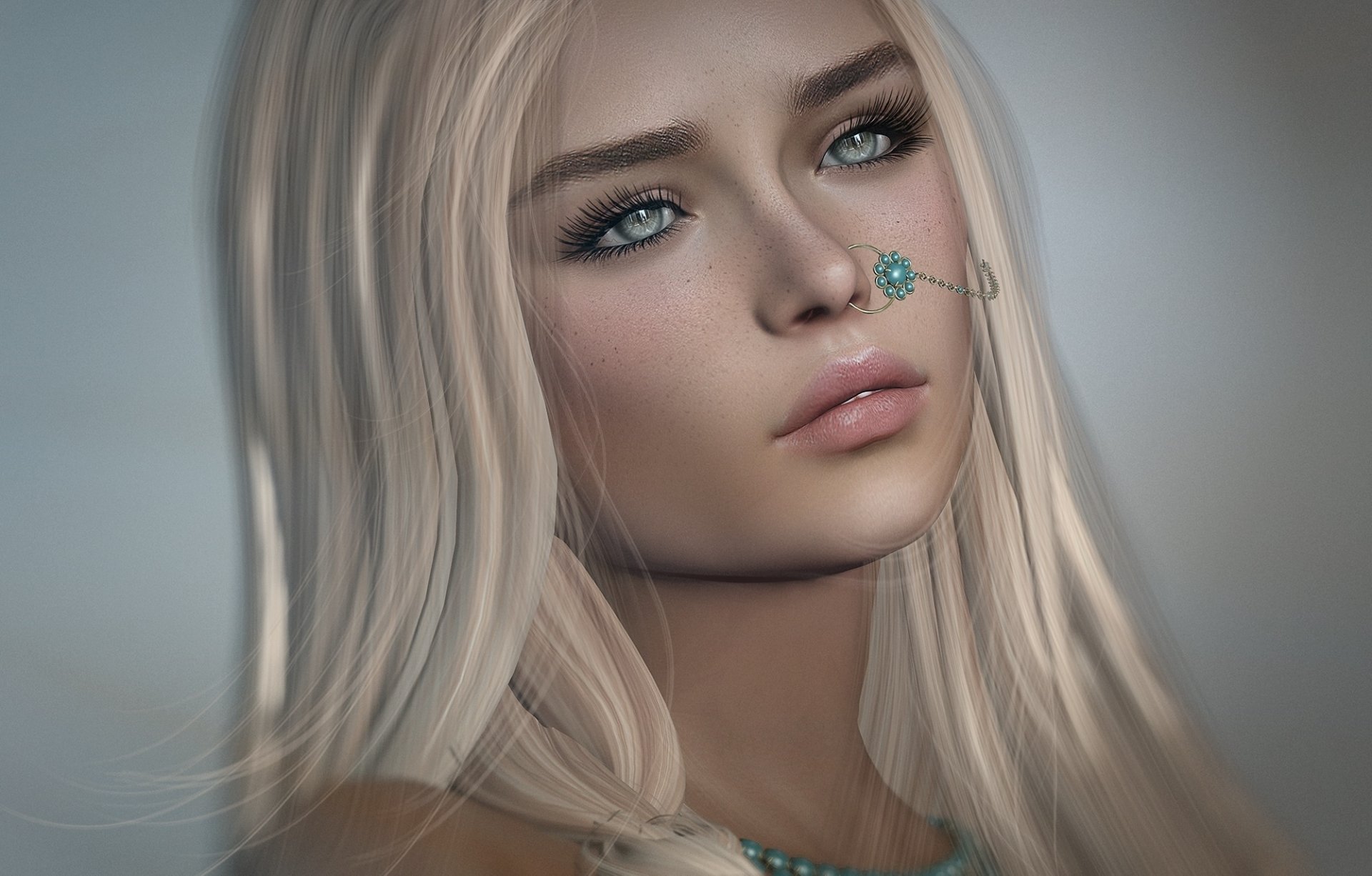 HD fantasy-themed desktop wallpaper featuring a blonde woman with a turquoise nose piercing, gazing thoughtfully into the distance.
