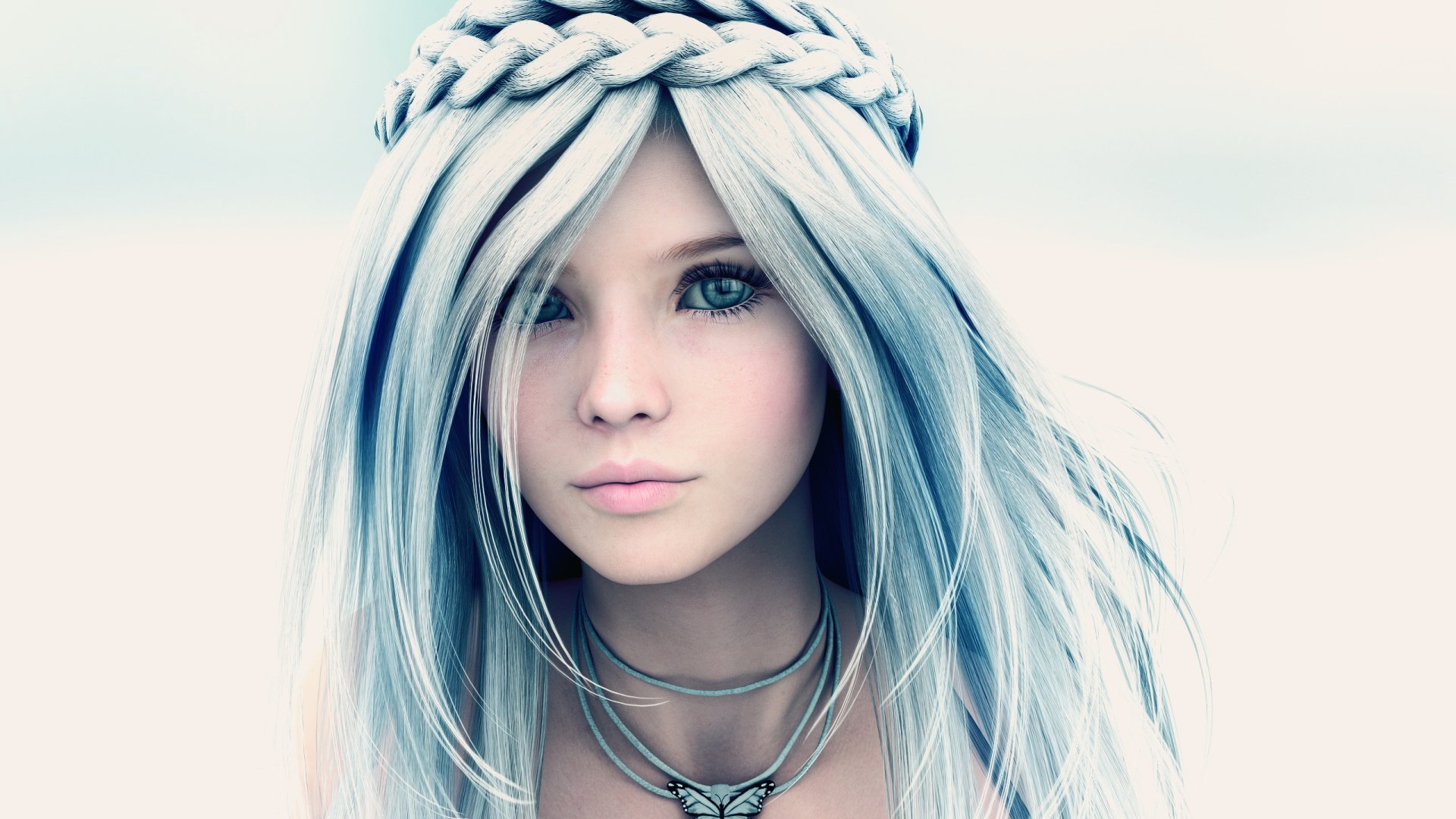 Fantasy-themed HD desktop wallpaper featuring a woman with blue braided hair, a butterfly necklace, and a serene expression.