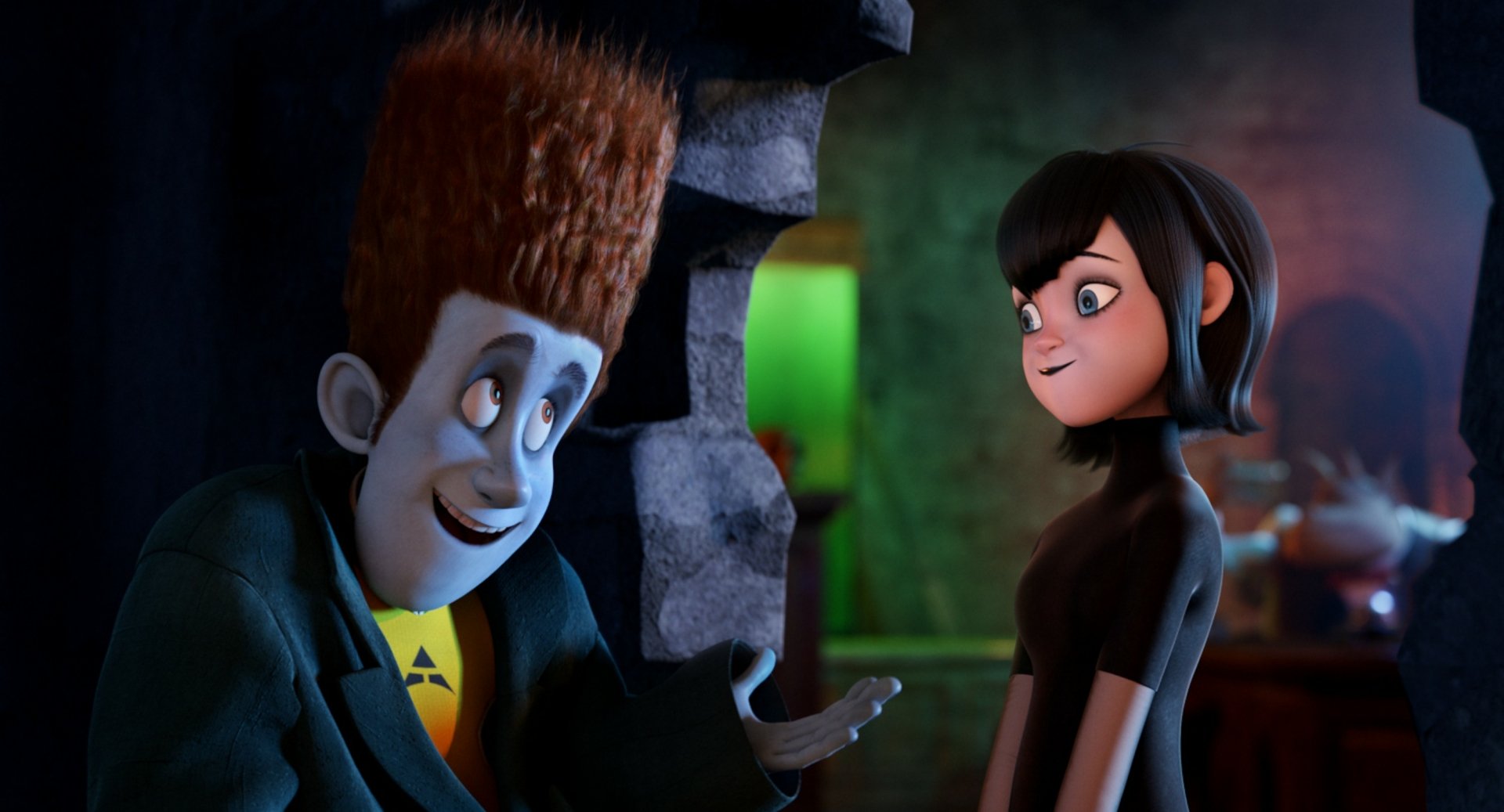 HD desktop wallpaper featuring Jonathan and Mavis from the Hotel Transylvania movie, showcasing their animated characters in a dimly lit scene.