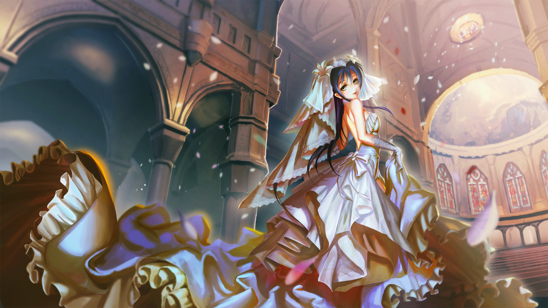 Umi Sonoda from Love Live! features in this HD anime wallpaper, showcasing her in an elegant wedding dress within a beautifully lit architectural setting.