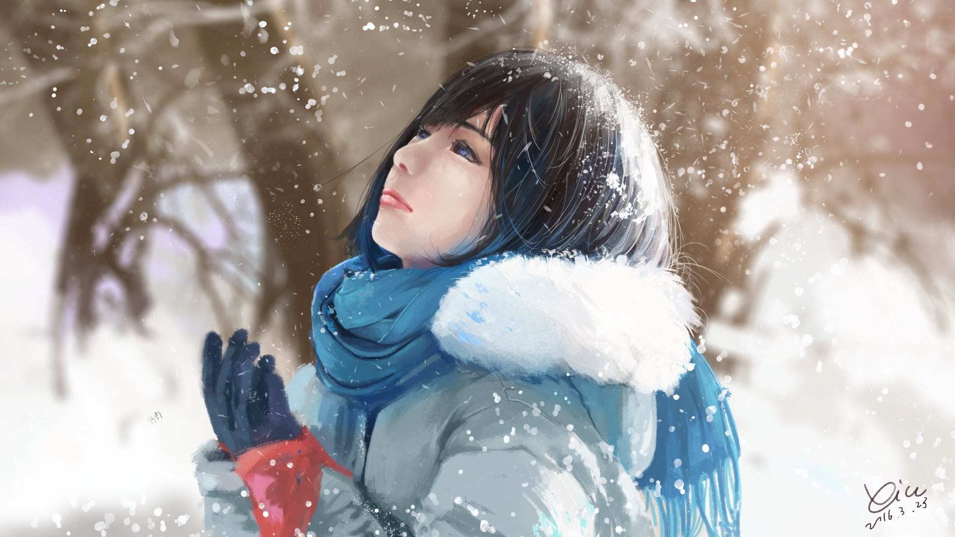 A serene anime character stands in a snowy landscape, wearing a warm coat and blue scarf, capturing the beauty of winter in this HD desktop wallpaper background.