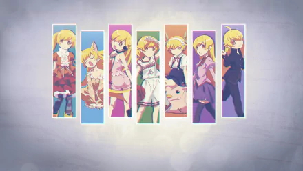 A vibrant HD wallpaper featuring Shinobu Oshino from the Monogatari series, showcasing various expressions and outfits in a colorful, artistic arrangement.