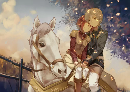 HD desktop wallpaper featuring Zen Wistalia Clarines and Shirayuki from the anime Akagami no Shirayuki-hime (Snow White with the Red Hair), sitting together on a white horse under a tree.