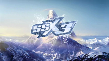 SSX 3 logo floating above a towering snow-covered mountain peak, blue-toned HD PC desktop wallpaper and background for the video game.