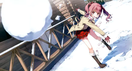 A vibrant HD wallpaper featuring an anime girl from 5 Nenme no Houkago, playfully throwing a snowball in a winter setting. Her cheerful expression adds to the vibrant scene.