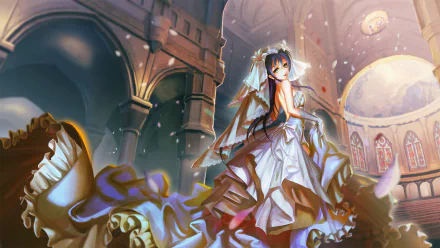 Umi Sonoda from Love Live! features in this HD anime wallpaper, showcasing her in an elegant wedding dress within a beautifully lit architectural setting.