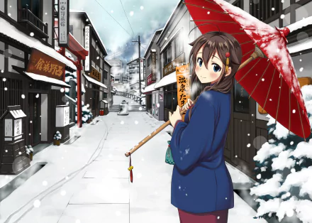 HD wallpaper featuring Shigure from Kantai Collection, elegantly holding a red umbrella in a snowy street scene, embodying an anime aesthetic filled with charm and winter beauty.