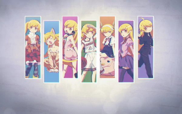 A vibrant HD wallpaper featuring Shinobu Oshino from the Monogatari series, showcasing various expressions and outfits in a colorful, artistic arrangement.