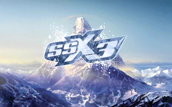 SSX 3 logo floating above a towering snow-covered mountain peak, blue-toned HD PC desktop wallpaper and background for the video game.