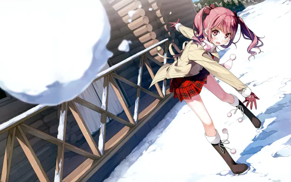 A vibrant HD wallpaper featuring an anime girl from 5 Nenme no Houkago, playfully throwing a snowball in a winter setting. Her cheerful expression adds to the vibrant scene.
