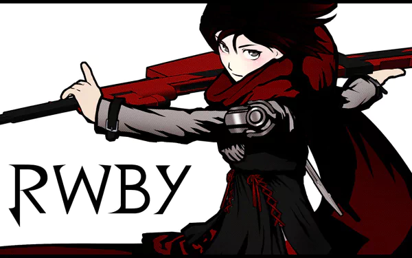 HD PC desktop wallpaper featuring Ruby Rose from RWBY in her Slayer outfit, showcasing dynamic anime-style art against a white background with the RWBY logo.