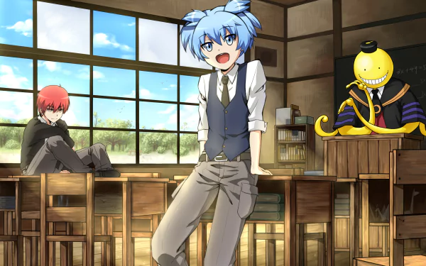 A vibrant HD wallpaper from Assassination Classroom featuring Koro-sensei, Nagisa Shiota, and Karma Akabane in a classroom setting, highlighting their unique personalities.