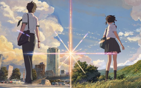 Anime Your Name. Mitsuha Miyamizu Taki Tachibana Kimi No Na Wa. Sky Cloud School Uniform Short Hair HD Wallpaper | Background Image