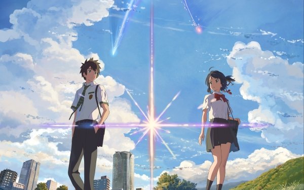 Anime Your Name. Mitsuha Miyamizu Taki Tachibana Kimi No Na Wa. School Uniform Short Hair Sky Cloud HD Wallpaper | Background Image