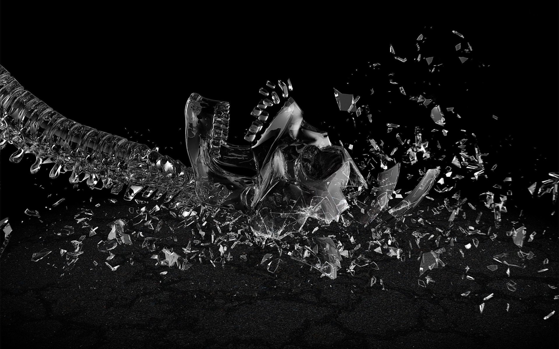 HD 3D CGI artistic image of a black glass skull shattering, set against a dark background, designed as a striking PC desktop wallpaper and background.