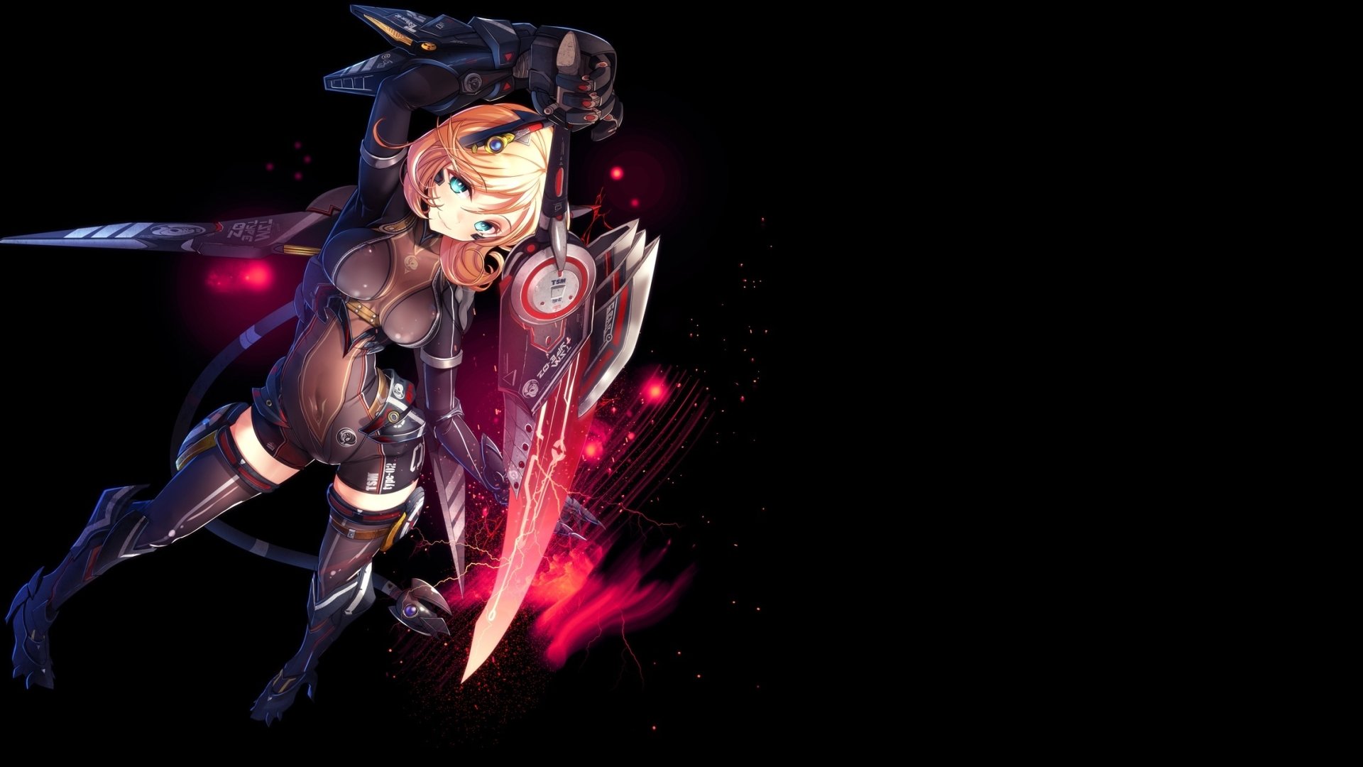 A fierce woman warrior with short blonde hair and aqua eyes stands ready for battle, wielding a sword. This stunning anime artwork serves as a vibrant HD desktop wallpaper.