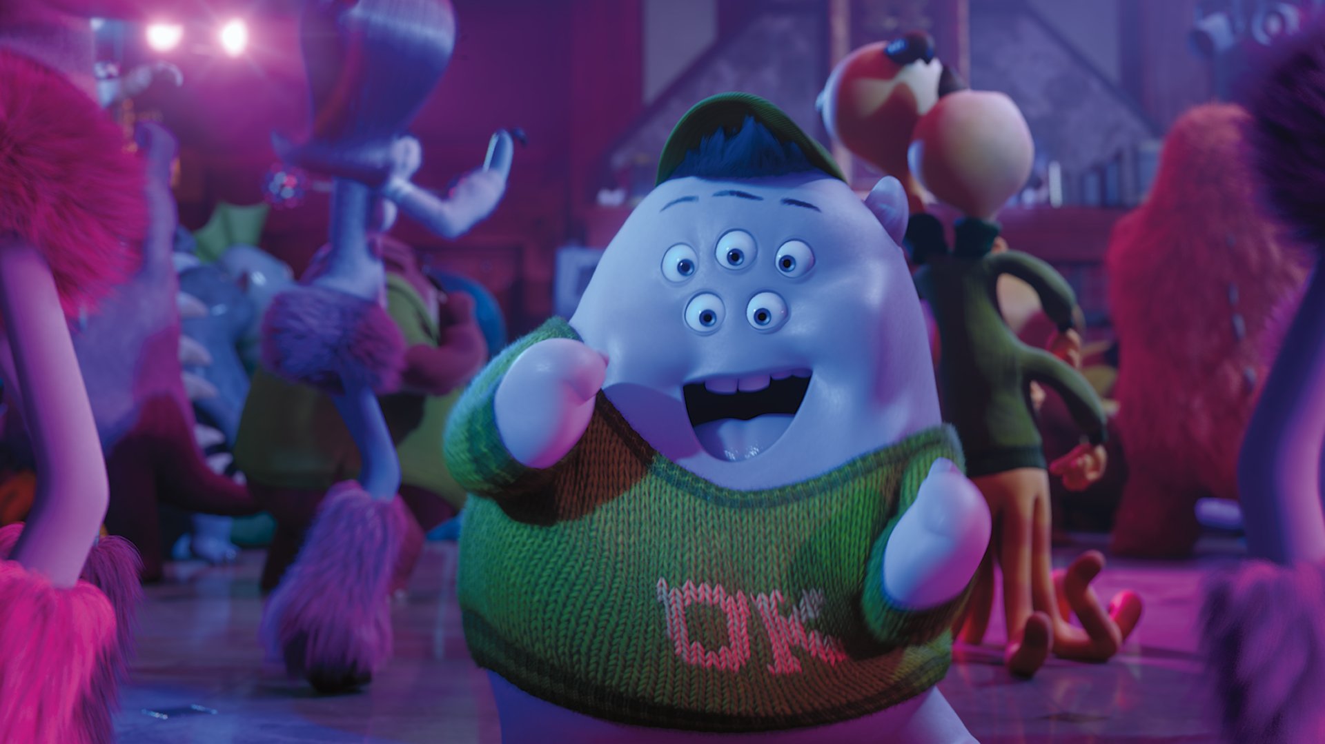 A vibrant scene featuring Squishy from Monsters University, joyfully dancing in a party atmosphere. This HD wallpaper captures the fun and energy from the movie.