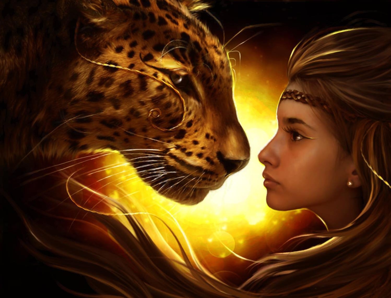 Close-up HD fantasy wallpaper of a blonde woman facing a majestic tiger, both illuminated by a warm, glowing light in an intense, mystical scene.