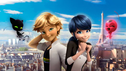 HD desktop wallpaper featuring Adrien Agreste and Marinette Dupain-Cheng from the TV show Miraculous Ladybug with the Eiffel Tower in the background, and their Kwamis Plagg and Tikki.