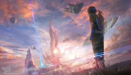 Sci-fi fantasy 2K Quad HD PC desktop wallpaper and background: lone figure with surfboard-like device watches glowing alien city, floating ships and towering spires beneath a pink, clouded sunset.