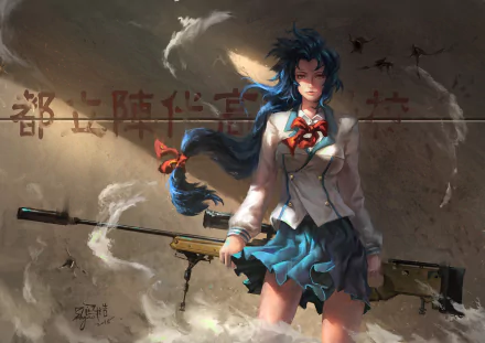 Anime-themed HD wallpaper featuring a character from Full Metal Panic! with long blue hair and red eyes, dressed in a school uniform and holding a sniper rifle.