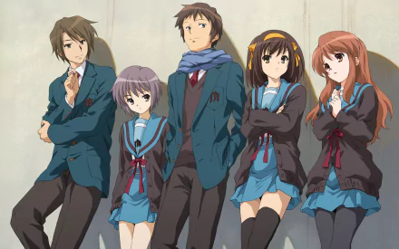 Anime characters from The Melancholy of Haruhi Suzumiya stand together in school uniforms, featuring Haruhi Suzumiya, Kyon, Yuki Nagato, Itsuki Koizumi, and Mikuru Asahina.