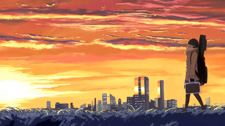 A serene anime scene featuring a character with a guitar walking towards a city skyline at sunset, showcased as an HD PC desktop wallpaper and background.