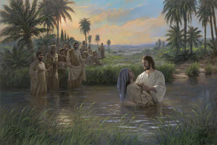 HD painting of Jesus baptizing a person in a river, surrounded by followers, set against a landscape with palm trees and a sunset sky. This image is tagged as religious and Christian, for use as a desktop wallpaper.