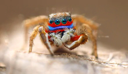 Close-up HD macro image of a colorful jumping spider's eyes and face, captured as a vivid desktop wallpaper and background.