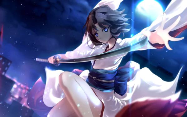 Shiki Ryougi, a character from Kara no Kyōkai, wields a sword with determination against a night backdrop, showcasing vibrant colors and dynamic action in this HD anime wallpaper.