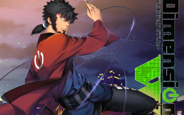 HD wallpaper featuring Kyōma Mabuchi from Dimension W against a night cityscape background.